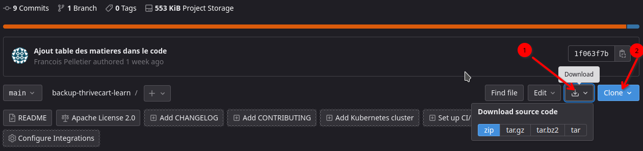 Capture d'écran des boutons télécharger et cloner de GitLab