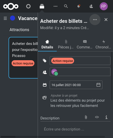 Capture d'écran d'une tâche de Nextcloud Deck