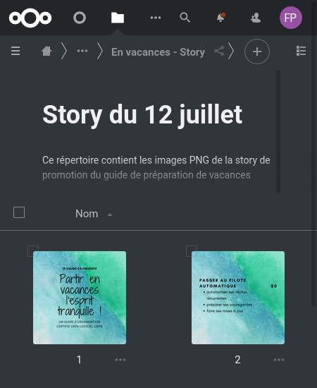 Capture d'écran de fichiers images en mode aperçu dans Nextcloud Fichiers