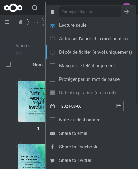 Capture d'écran du partage dans Nextcloud Fichiers