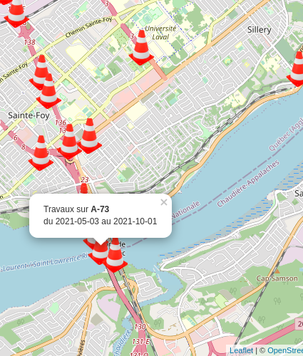 Une carte Leaflet avec les travaux routiers du Québec créée avec R
