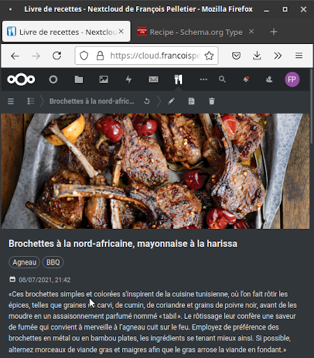 Capture d'écran de Nextcloud Cookbook