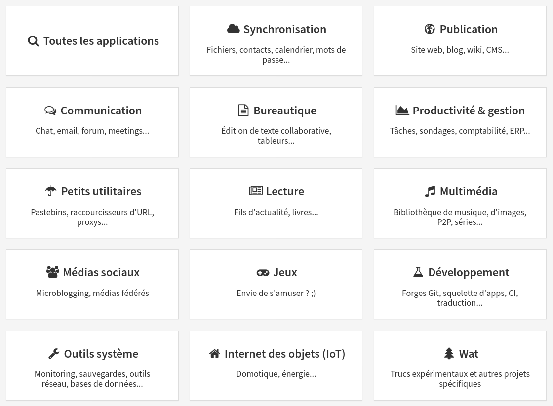 Capture d'écran du menu du catalogue d'applications