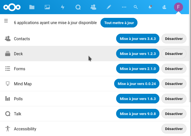 Boutons de mise à jour des applications