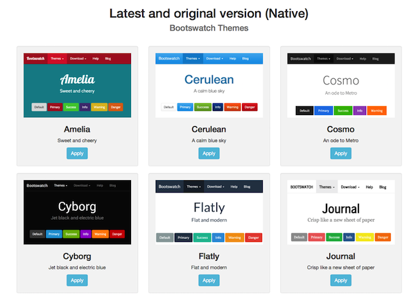 Capture du site web bootswatch.com démontrant 6 thèmes